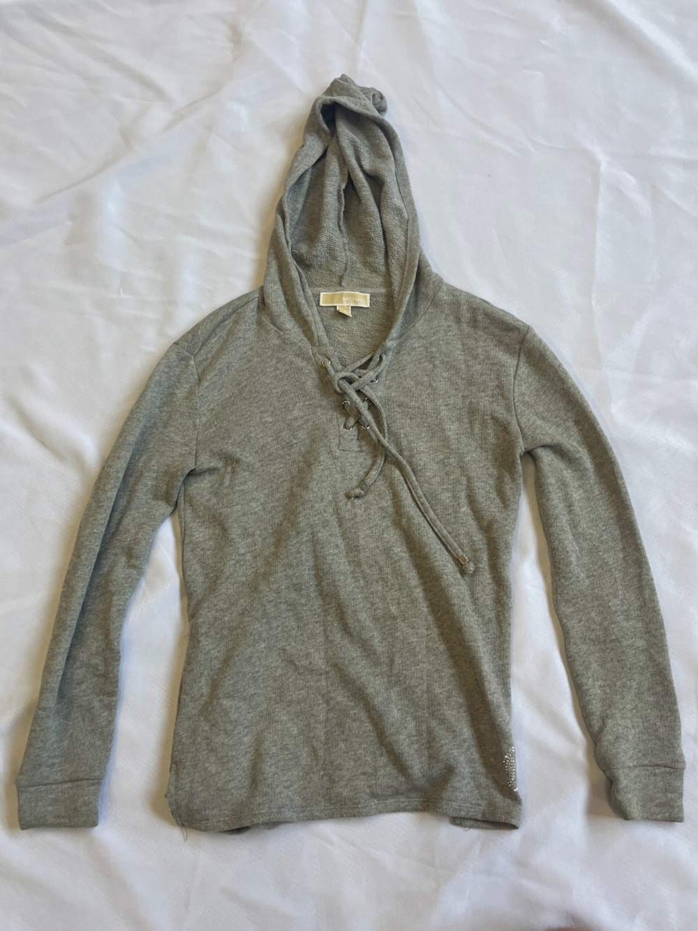 Michael Kors Light Gray Lace-Up Hooded V-Neck Sweater